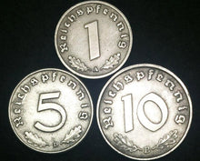 Load image into Gallery viewer, Authentic German WWII Rare Coin Set 1 Pf, 5Pf,&amp; 10Pf Coins Historical Artifacts - Collectors Couch