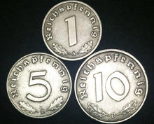 Load image into Gallery viewer, Authentic German WWII Rare Coin Set 1 Pf, 5Pf,&amp; 10Pf Coins Historical Artifacts
