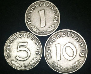 Authentic German WWII Rare Coin Set 1 Pf, 5Pf,& 10Pf Coins Historical Artifacts - Collectors Couch