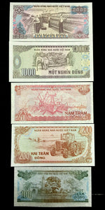 Vietnam 2000,1000,500,200,100 Dong Banknote Set World Paper Money UNC Currency - Collectors Couch