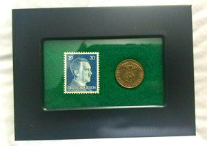 German WW2 Rare 5 Rp Coin and Stamp in a Secure Metal Black Disp Frame