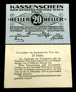 Austria 20 Heller 1919 Regional Issue Vienna World Paper Money UNC - 100 Yrs Old