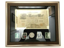 Load image into Gallery viewer, Authentic Rare German 1000 Mark Bill &amp; 5 Mark SILVER Coin &amp; Stamps