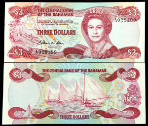 BAHAMAS $3 Dollars 1974 (ND 198) P44 Banknote World Paper Money UNC - Collectors Couch