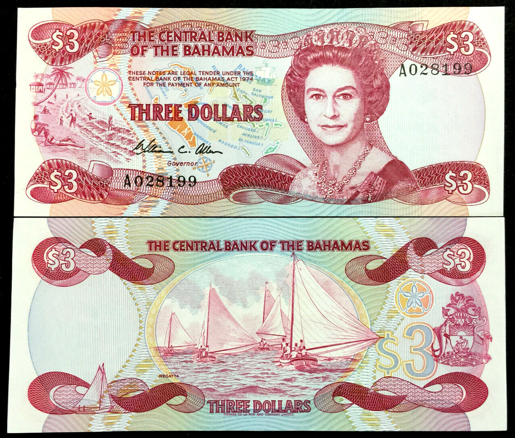 BAHAMAS $3 Dollars 1974 (ND 198) P44 Banknote World Paper Money UNC - Collectors Couch