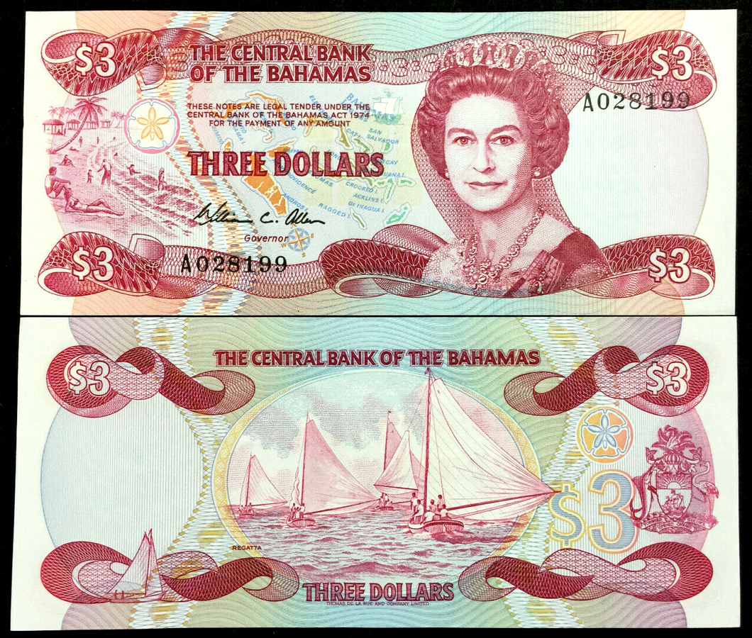 BAHAMAS $3 Dollars 1974 (ND 198) P44 Banknote World Paper Money UNC