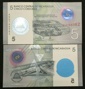 Nicaragua 5 Cordobas Polymer Banknote World Paper Money UNC Currency Bill Note