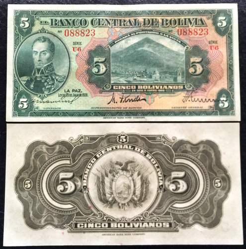 Bolivia 5 Bolivianos 1928 P-120 Banknote World Paper Money XF - Collectors Couch