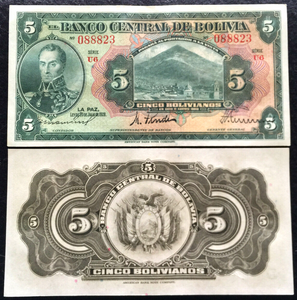 Bolivia 5 Bolivianos 1928 P-120 Banknote World Paper Money XF