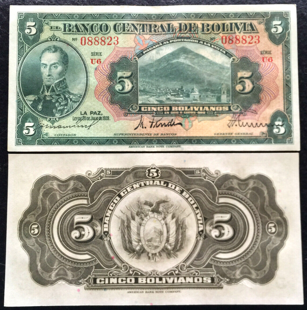 Bolivia 5 Bolivianos 1928 P-120 Banknote World Paper Money XF