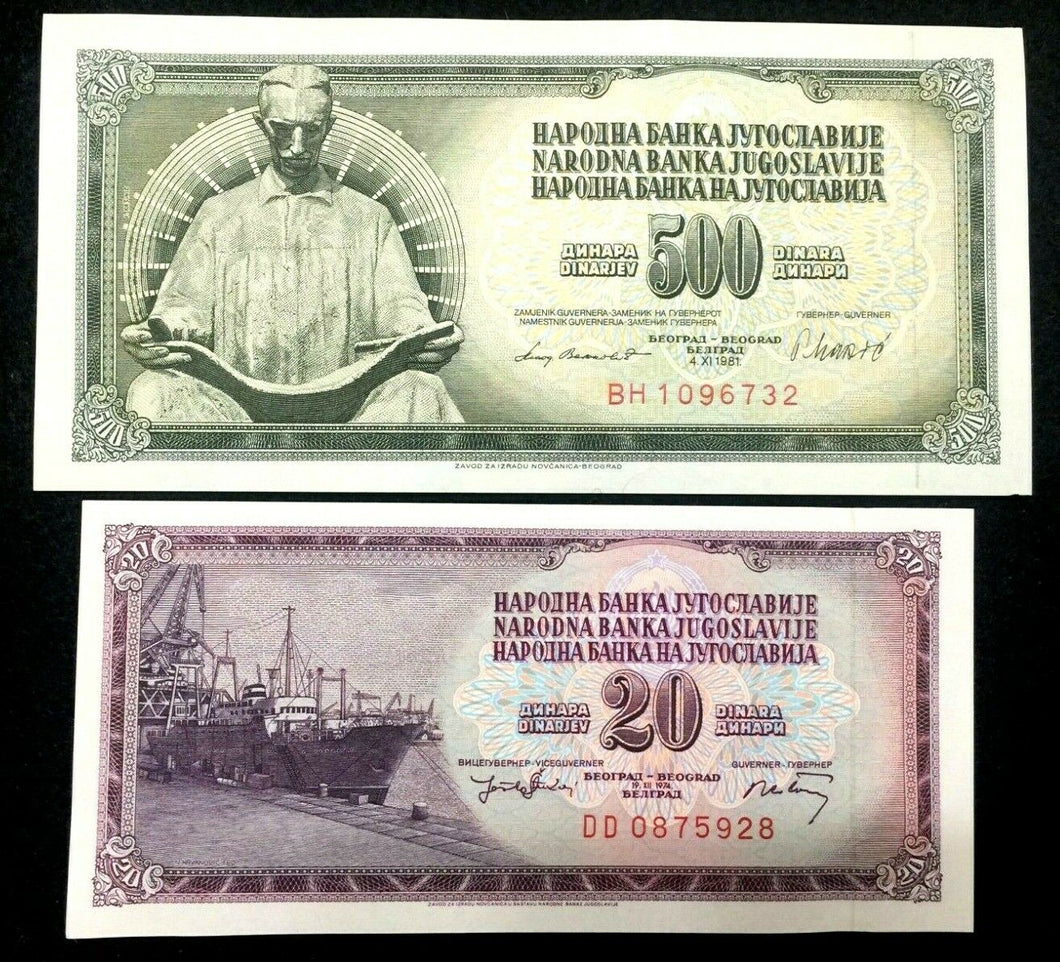 Yugoslavia 20 and 500 Dinar Banknote World Paper Money UNC Currency Bills - Collectors Couch