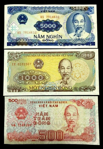 Vietnam 500,1000, and 5000 Dongs UNC - Authentic Crisp Unused Bills - Collectors Couch