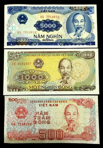 Vietnam 500,1000, and 5000 Dongs UNC - Authentic Crisp Unused Bills