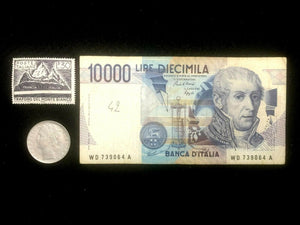 Antique Italy Collection- Used 10000 Lire Bill, 500 Lire Coin, & New Stamp - Collectors Couch