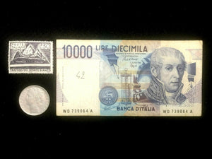 Antique Italy Collection- Used 10000 Lire Bill, 500 Lire Coin, & New Stamp