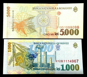 Romania 2 Pcs SET, 1000 - 5000 Banknote World Paper Money UNC Currency Bill Note