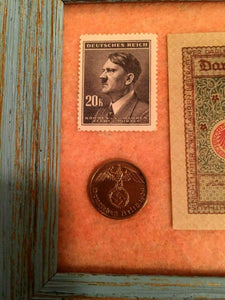 WW2 Rare German 2 Reichspfennig Copper Coin Uncirculated Stamp & 2 Mark Bill