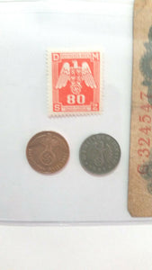 WW2  Rare 1RP German Coins and Stamp & 20 Mark Bill in Holder.