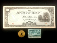 Load image into Gallery viewer, Japan Government 10 Pesos WW2 Bill, US-Japan Stamp &amp; Used Japan 5 Yen Coin - Collectors Couch