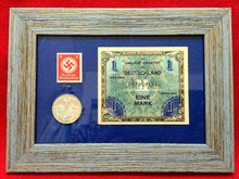 Load image into Gallery viewer, World War II Allied Miltary UNC 1944 Bill &amp; 2 Mark Silver Coin &amp; Unused Stamp - Collectors Couch