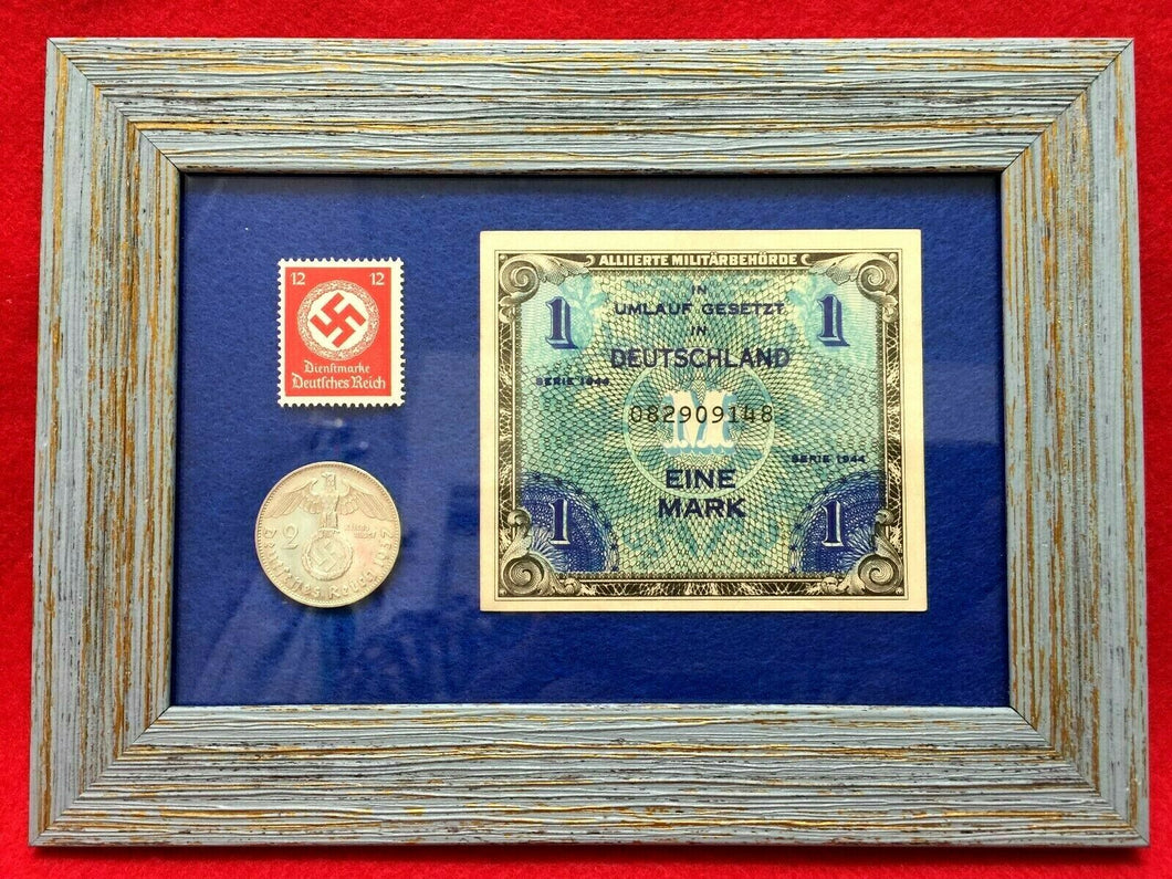 World War II Allied Miltary UNC 1944 Bill & 2 Mark Silver Coin & Unused Stamp - Collectors Couch