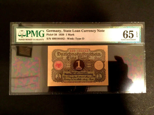 Rare Historical 1 German Mark 1920 -  PMG Certified GEM UNC EPQ -  WW1 Era