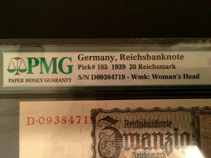 Antique Historical WWII Era 20 Reichsmark 1939 Sequential Set of 5 - PMG UNC EPQ