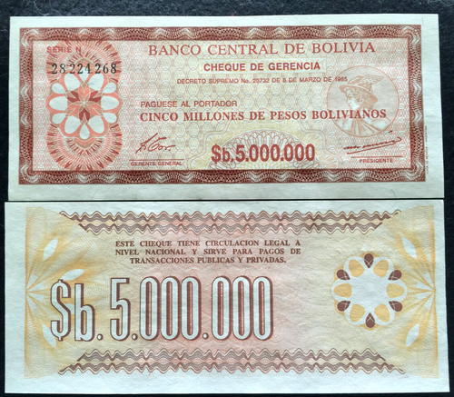 Bolivia 5000,000 Pesos Bolivianos 1985 Banknote World Paper Money UNC - Collectors Couch