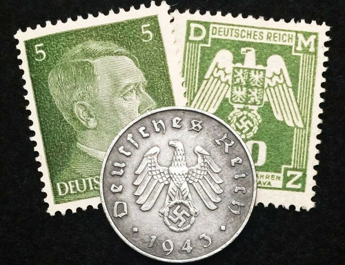Authentic Old Rare  WWII German 10 Rp Coin & UNC Stamps World War 2 Artifacts - Collectors Couch