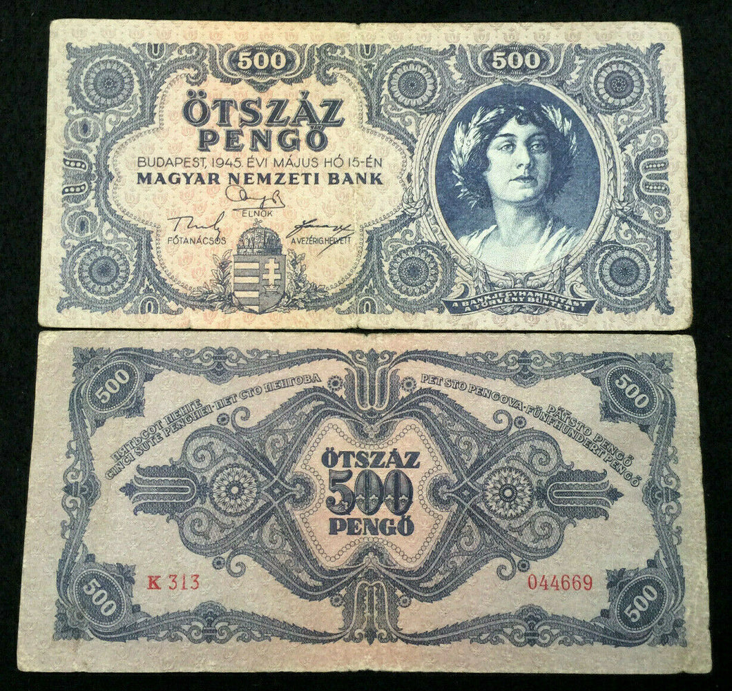 Hungary 500 Pengo 1945 Circulated With Stamp Banknote World Paper Money