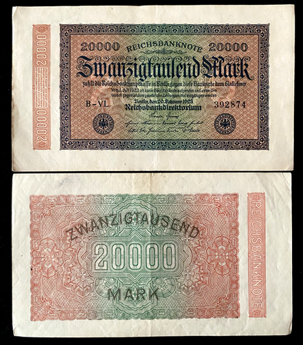 Germany 20000 Mark 1923 BERLIN Post WWI Hyperinflation Era 99 Yrs Old - Collectors Couch