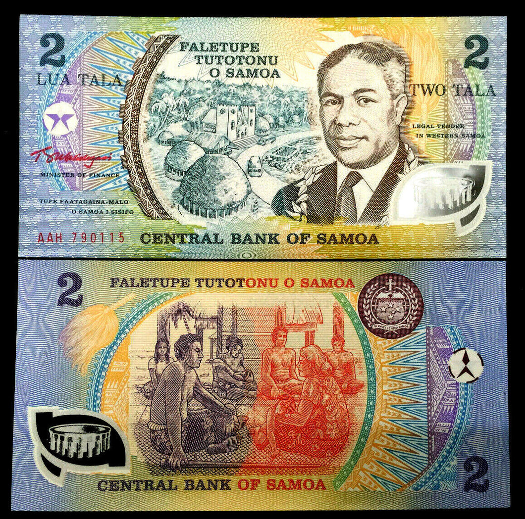 Western Samoa 2 Tala 1990 Polymer Banknote World Paper Money UNC Currency Bill