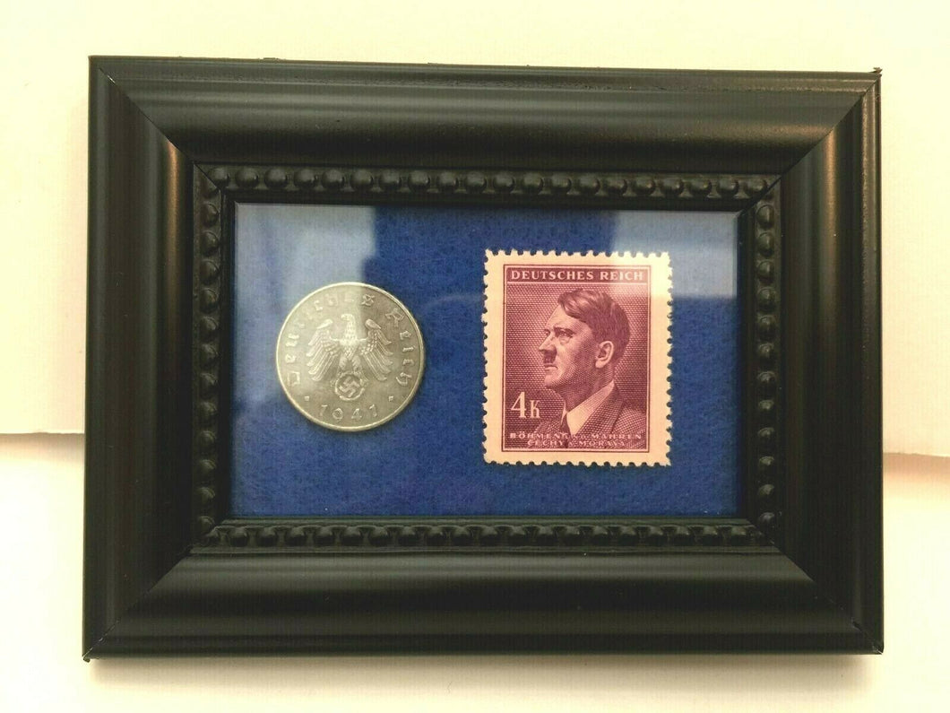Rare WW2 German Coin & Unused Stamp in Display Frame WW2 Authetic Artifacts