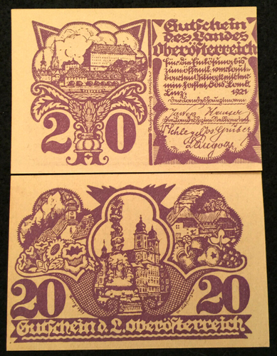 Austria Upper Austria 20 Heller 1921 P-S120b World Paper Money 100 Yrs Old (UNC) - Collectors Couch