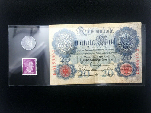 WW2 Rare10 RP German Coin & Stamp & 20 Mark Bill in Holder -Historical Artifacts - Collectors Couch