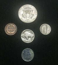Load image into Gallery viewer, Antique Lot - Buffalo Nickel SILVER Dime Indian Head &amp; Steel Penny &amp; Half Dollar - Collectors Couch