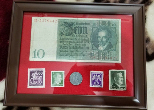German WW2 Rare 10 Rp Coin wth Stamps & V RARE 10 Mark Bill - Collectors Couch