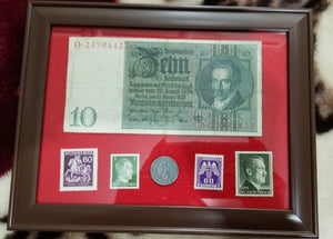 German WW2 Rare 10 Rp Coin wth Stamps & V RARE 10 Mark Bill