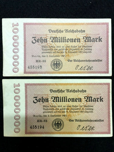 Germany 2 10000000 Mark 1923 Bills - Uncirculated -Consecutive Numbers - Collectors Couch