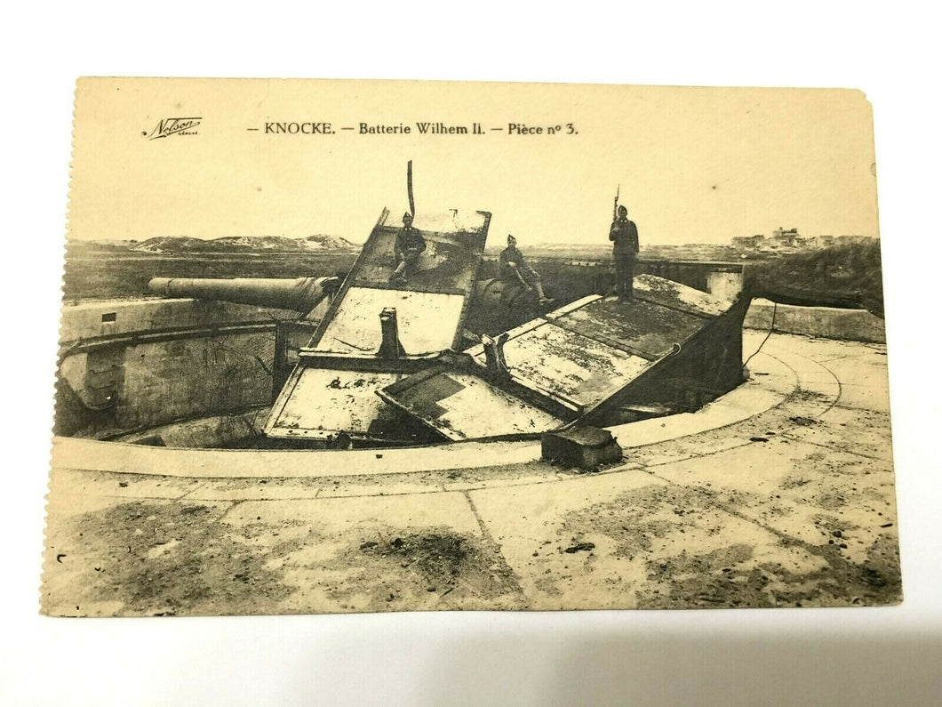 Antique WW1 Rare Postcard - Soldiers at Batterie Whilhem II at Knocke Belgium