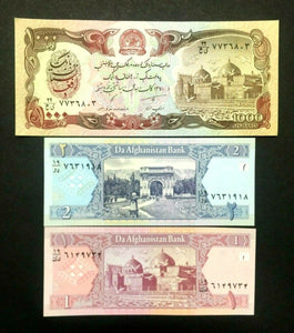 AFGHANISTAN Bank Notes 1, 2, 1000 Afghani Bills - A Remembrance of War