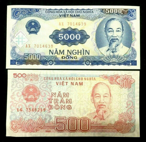 Vietnam 500 and 5000 Dongs UNC - Authentic Crisp Unused Vietnam Bills - Collectors Couch