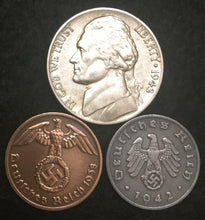Load image into Gallery viewer, Rare WW2 German Reichspfennig Coins &amp; US SILVER War Nickel Historical Artifacts