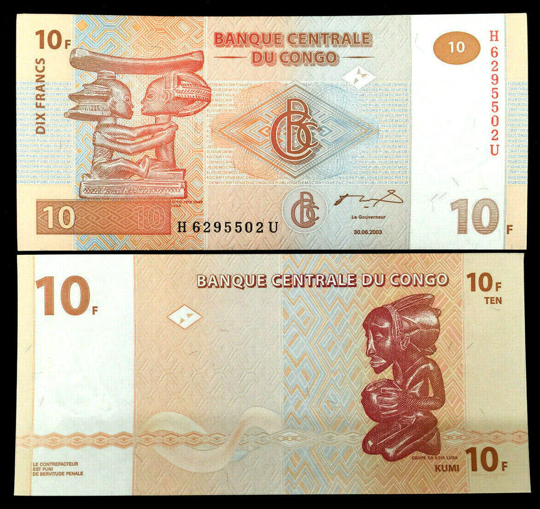 Congo 10 FRANCS 2003 Banknote World Paper Money UNC Currency Bill Note