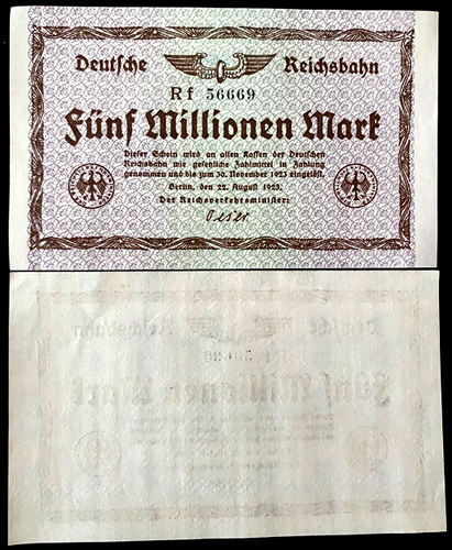 Germany 5 MILLION Mark 1923 Railroad Banknote 99 Years Old - Collectors Couch
