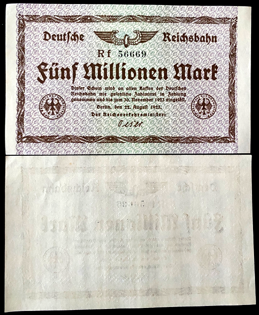 Germany 5 MILLION Mark 1923 Railroad Banknote 99 Years Old