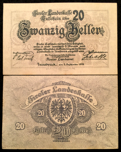 Austria 20 Heller 1919 P-140 World Paper Money 100 Yrs Old (UNC) - Collectors Couch