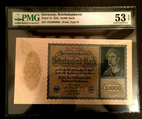 Antique Rare Historical 10000 German Mark 1922 - UNC PMG Certified EPQ - L4 - Collectors Couch