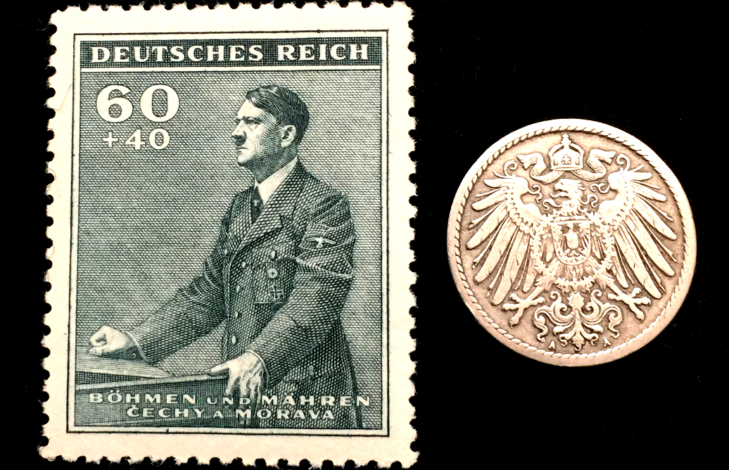 Authentic German WW2 Stamp & Antique 5 Pf German Coin - Historical Artifacts - Collectors Couch