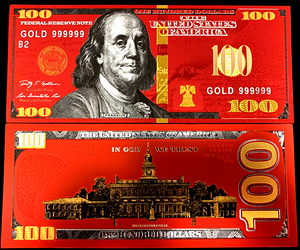 Red Foil Plated Double Sided $100 Dollar Bill with Yellow Seal